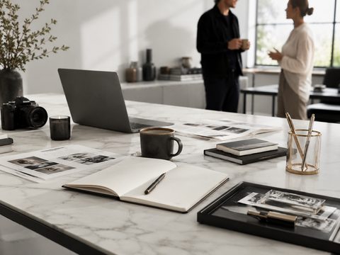 A desk with a camera, open notebook and coffee, showing thoughtful collaboration.