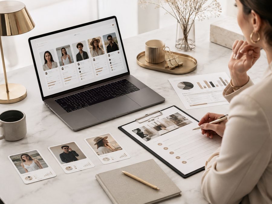 A researcher comparing creator profiles and audience data across a laptop and printed analytics sheets.