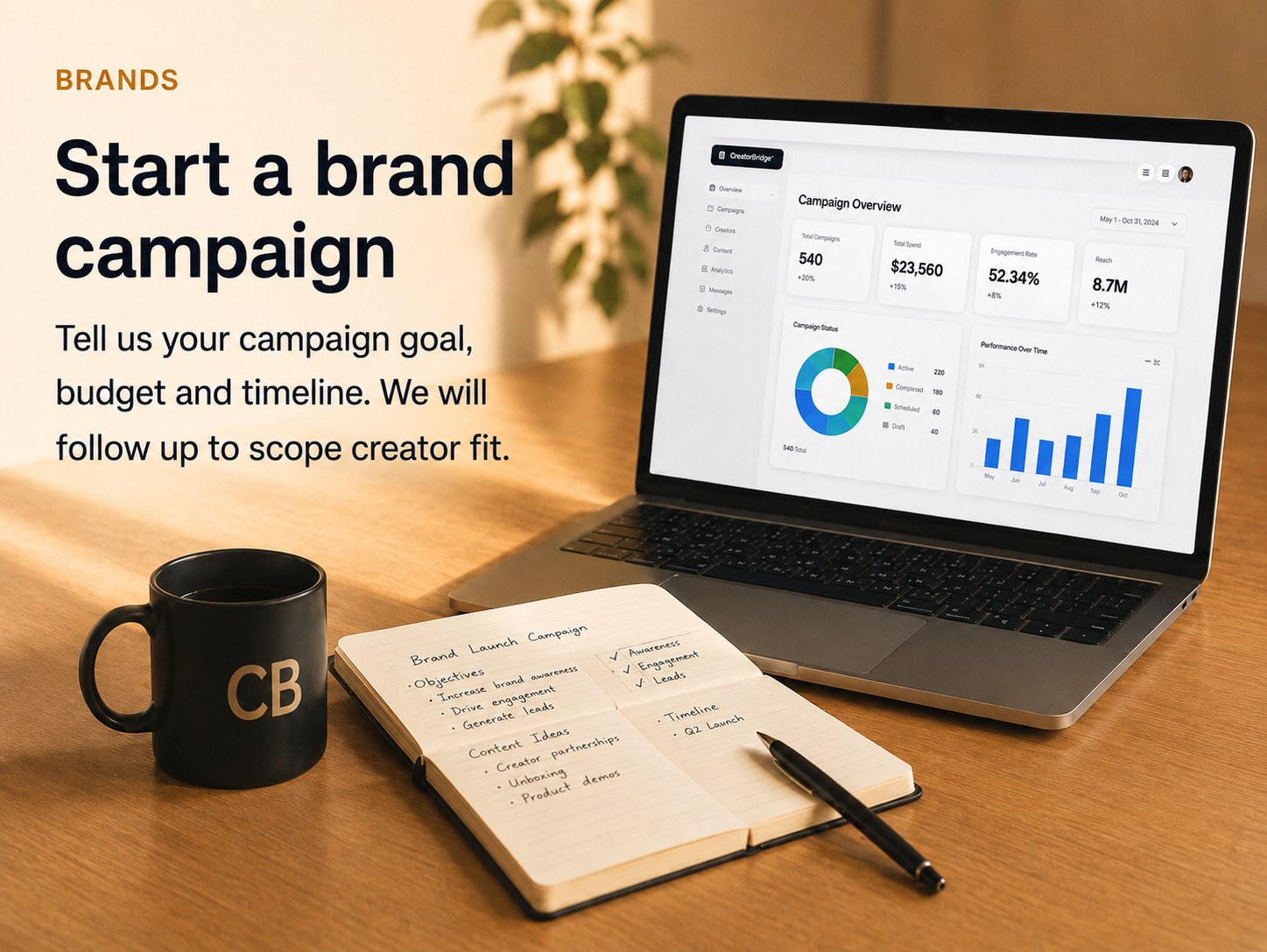 Brands: Start a brand campaign. A laptop on a sunlit wooden desk shows a CreatorBridge campaign dashboard with total campaigns, spend, engagement rate and reach, beside a handwritten notebook outlining a brand launch campaign.