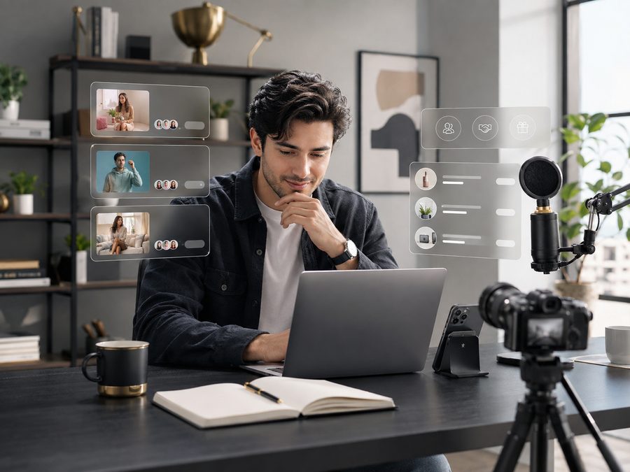 A creator at a home studio desk with a camera and microphone, reviewing brand opportunities on a laptop.