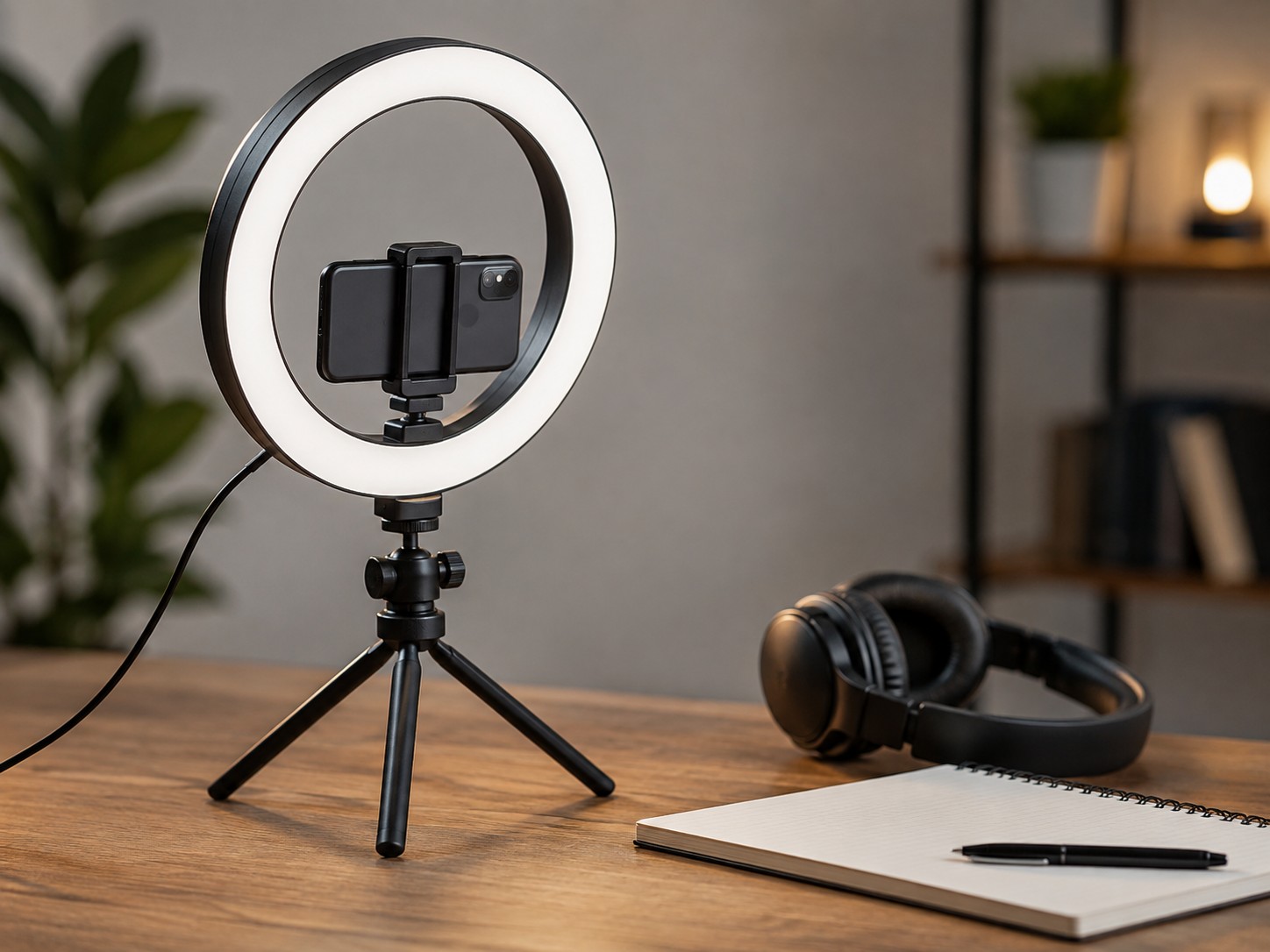 A ring light and phone on a tabletop tripod next to headphones and a notebook on a creator's desk.