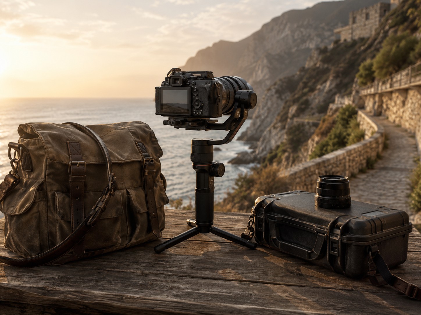 A mirrorless camera on a gimbal rig, a worn canvas travel bag and a rugged case on a wooden ledge overlooking a coastal cliff path at golden hour.